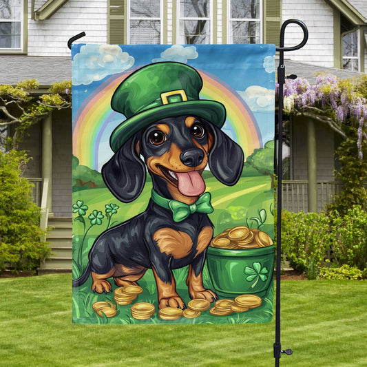 Drapeau de jardin brillant 12" x 18" - Teckel porte-bonheur pour la Saint-Patrick