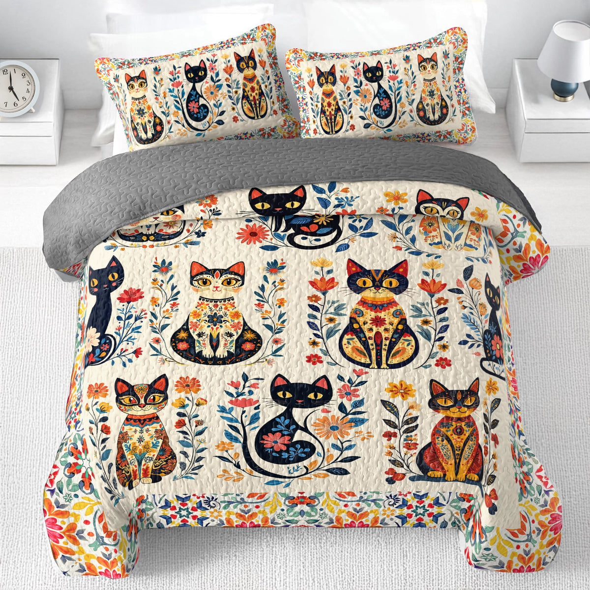 Shineful All Season Quilt 3-Piece Set - Purr-fectly Floral Cat