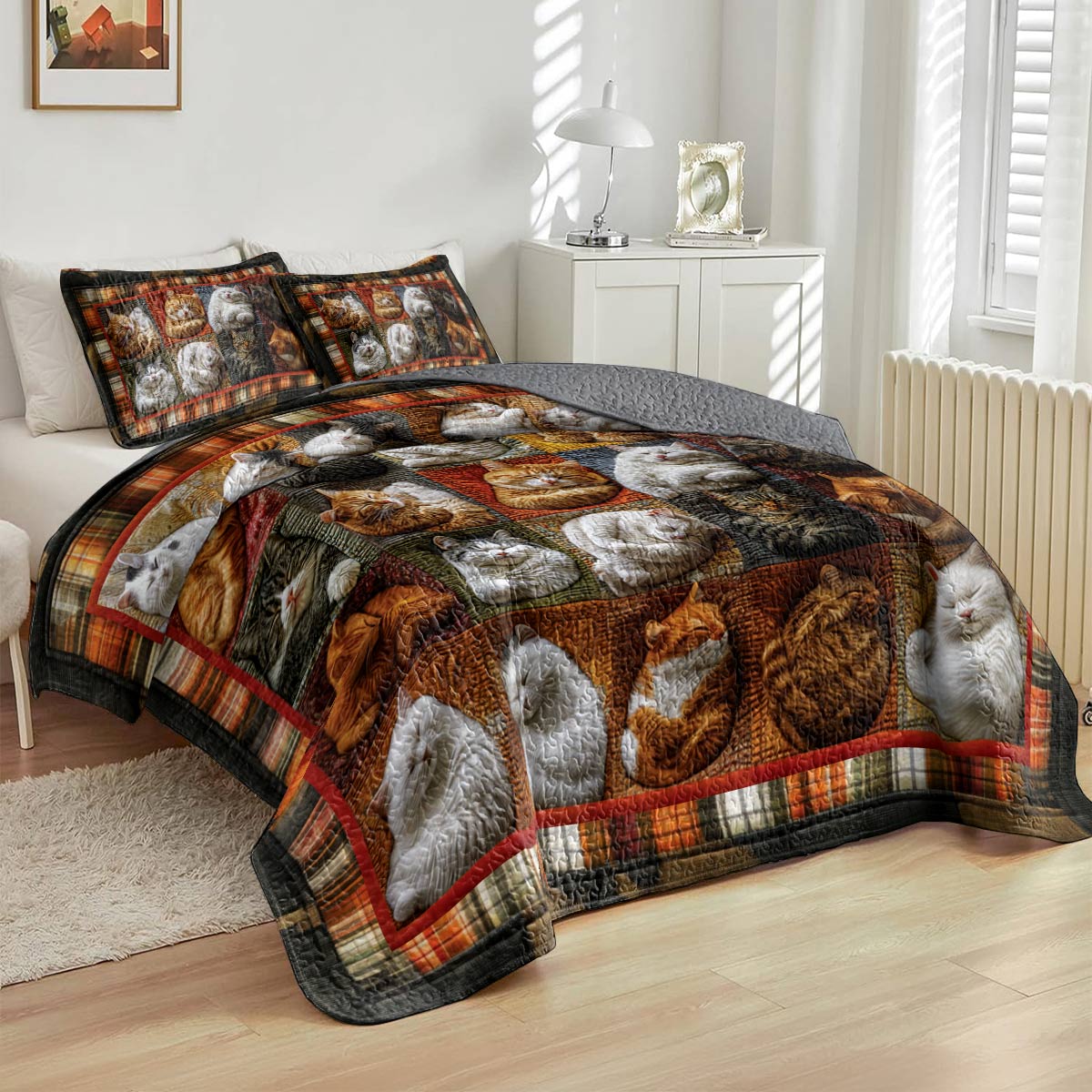 Shineful Flat Print All Season Quilt 3-Piece Set Pretty Cats Sleeping