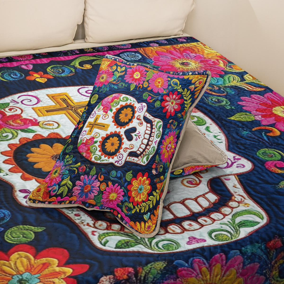 Shineful All Season Quilt 3-Piece Set Vibrant Floral Skull