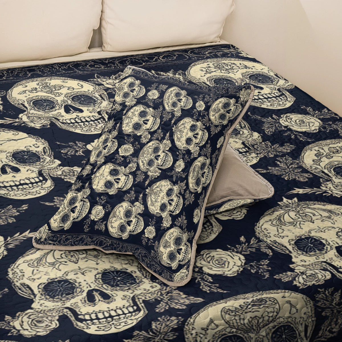 Shineful All Season Quilt 3-Piece Set - Midnight Skull and Roses