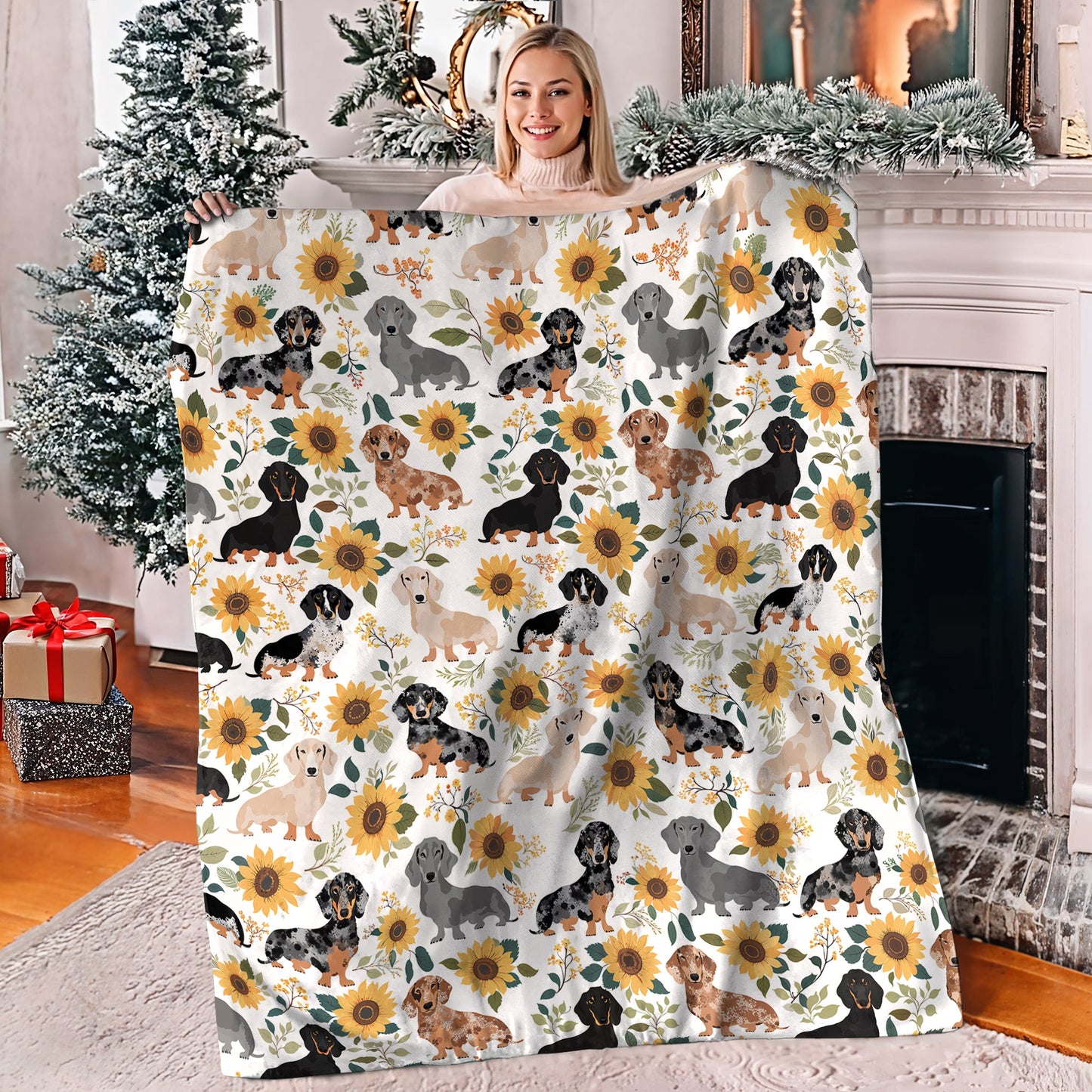 Shineful Fleece Blanket Dachshunds & Sunflowers