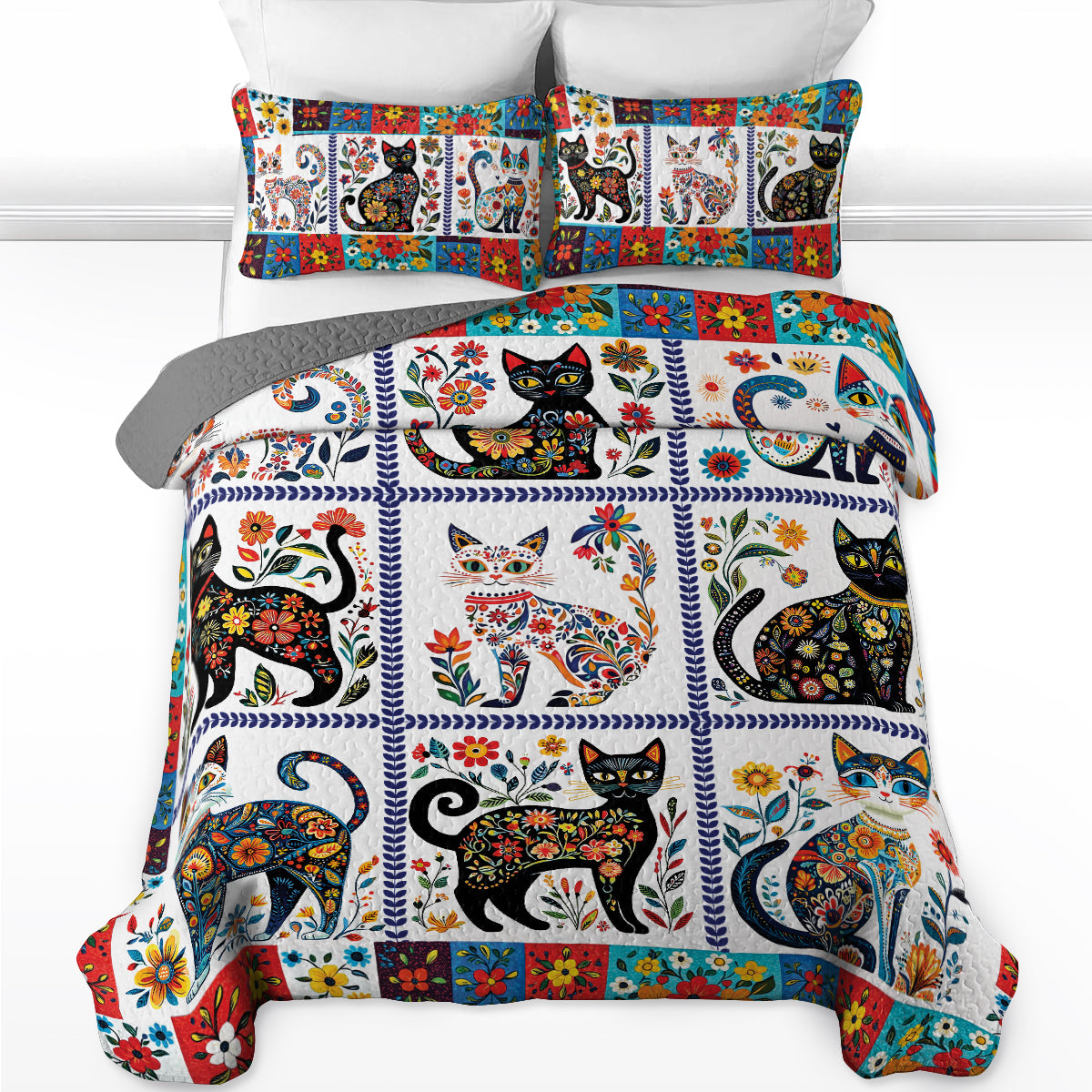 Shineful All Season Quilt 3-Piece Set - Folk Art Feline Quilt