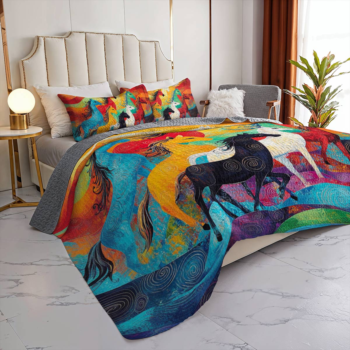 Shineful All Season Quilt 3-Piece Set Colorful Horses Racing