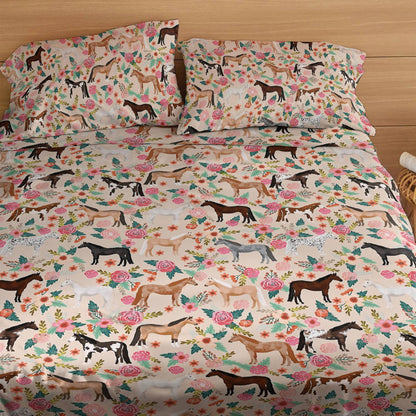 Shineful 4-Piece Bed Sheet Set Horse Blooming