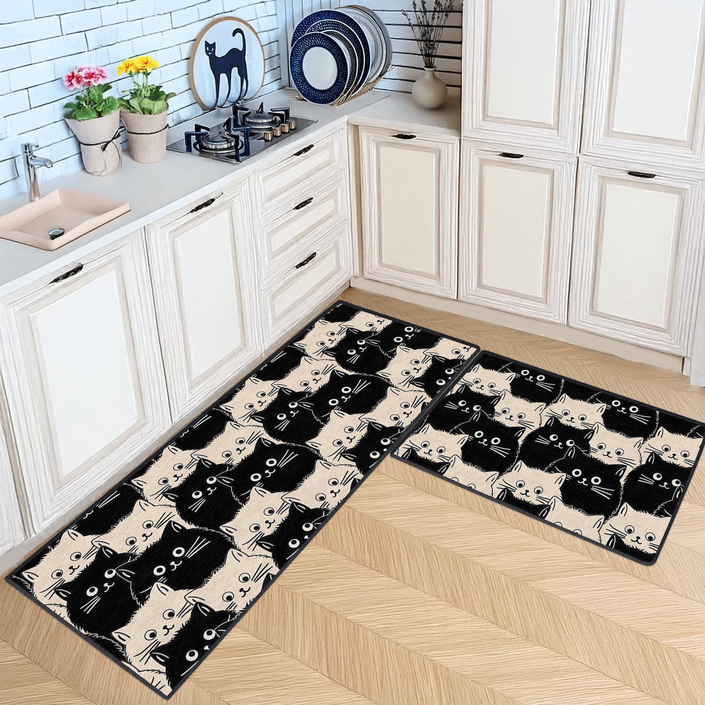 Shineful Ultra-Thin Non Skid Floor Mat, Kitchen Rugs Cute Face Cats