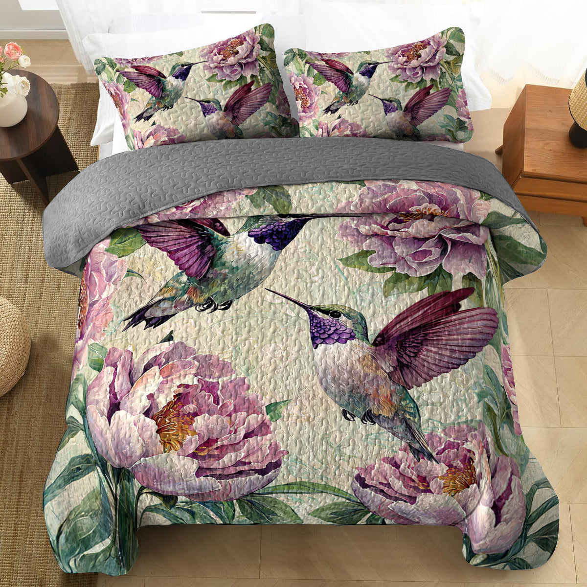 Shineful All Season Quilt 3-Piece Set Peony Hummingbird