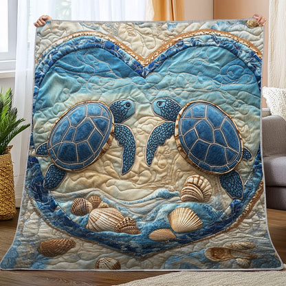 Shineful Flat Print Faux Quilt Blanket - Heartfelt Love with Two Sea Turtles and Seashells