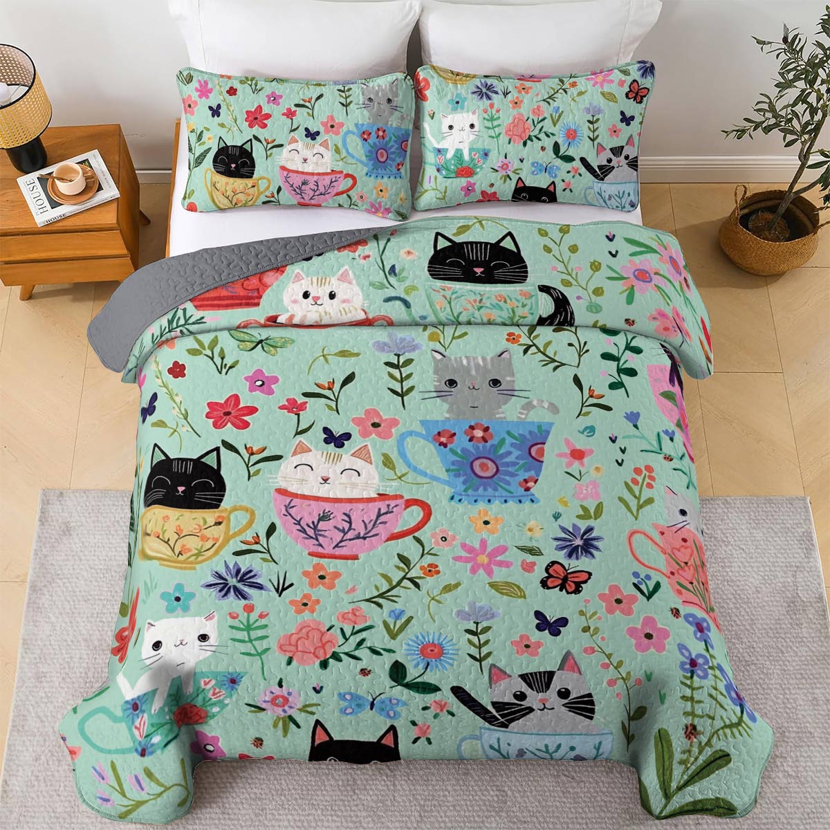 Shineful All Season Quilt 3-Piece Set Cat Cups