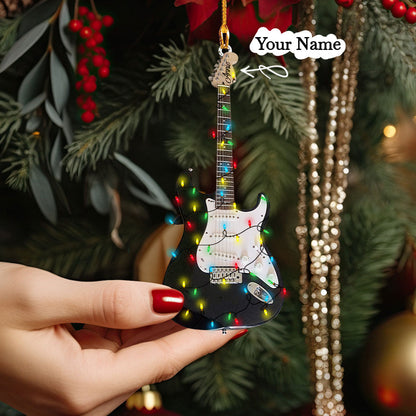 Ornement en acrylique 2D brillant - Guitare de Noël personnalisée avec lumières rockin'