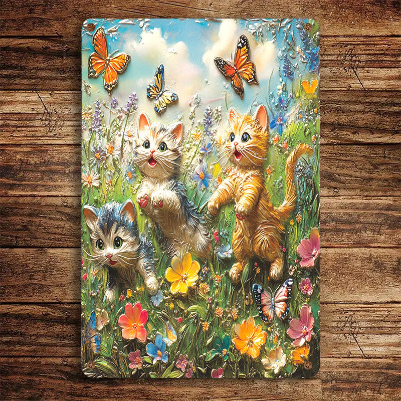 Shineful 2D Flat Print Metal Sign Cute Cats In Flowers Garden