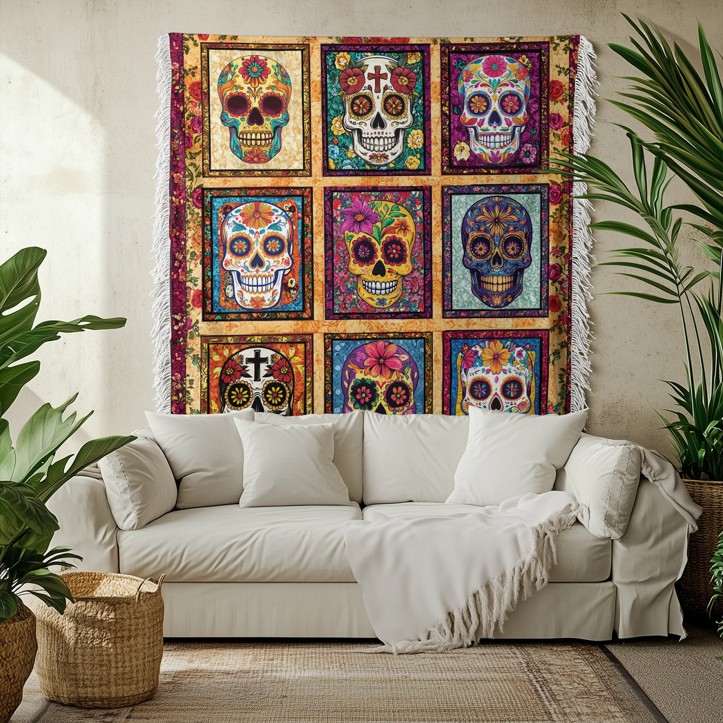 Shineful Woven Tapestry Throw Blanket Sugar Skull Fiesta