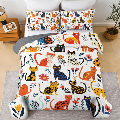 Shineful All Season Quilt 3-Piece Set - Purrfectly Feline With Floral