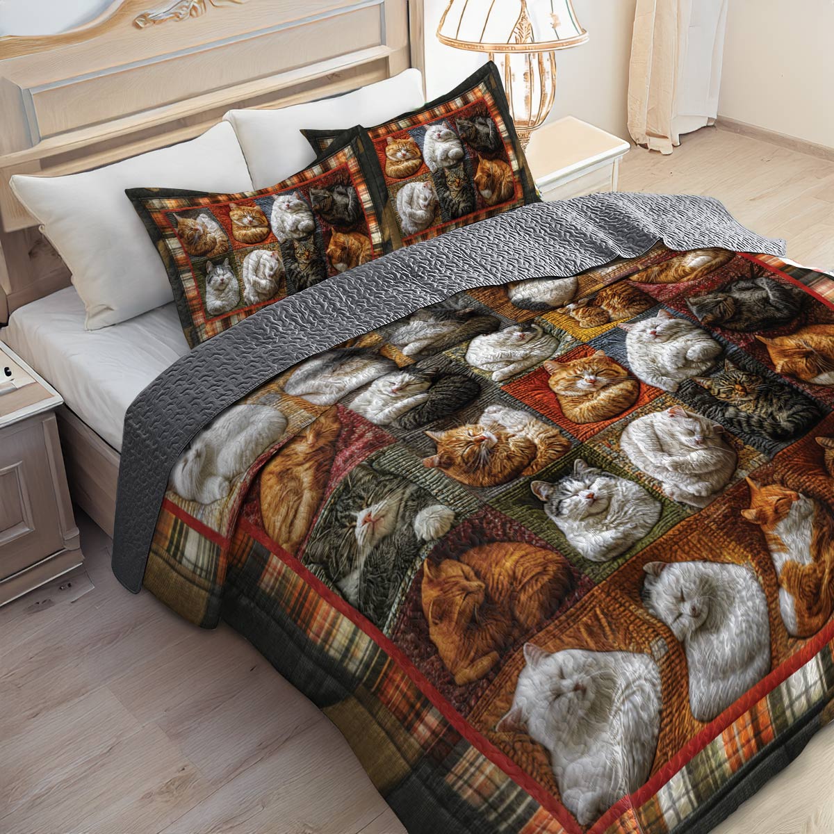 Shineful Flat Print All Season Quilt 3-Piece Set Pretty Cats Sleeping