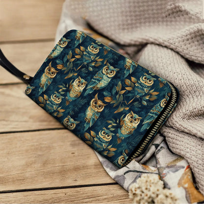 Shineful Leather Clutch Purse With Wristlet Strap Handle Nightfall Owl Symphony