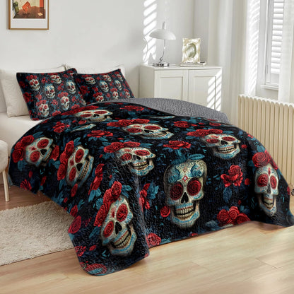 Shineful All Season Quilt 3-Piece Set - Sugar Skull & Roses Noir