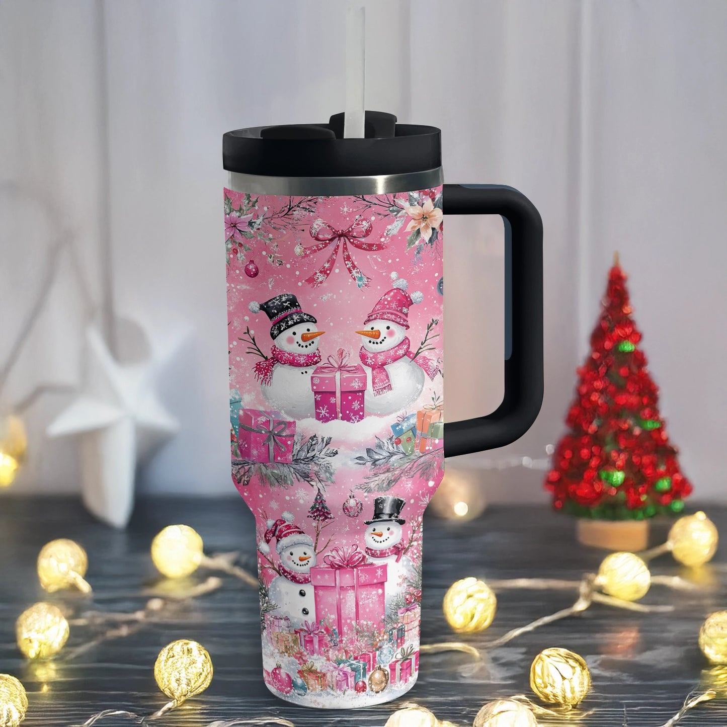 Verre brillant Bonhomme de neige rose Noël