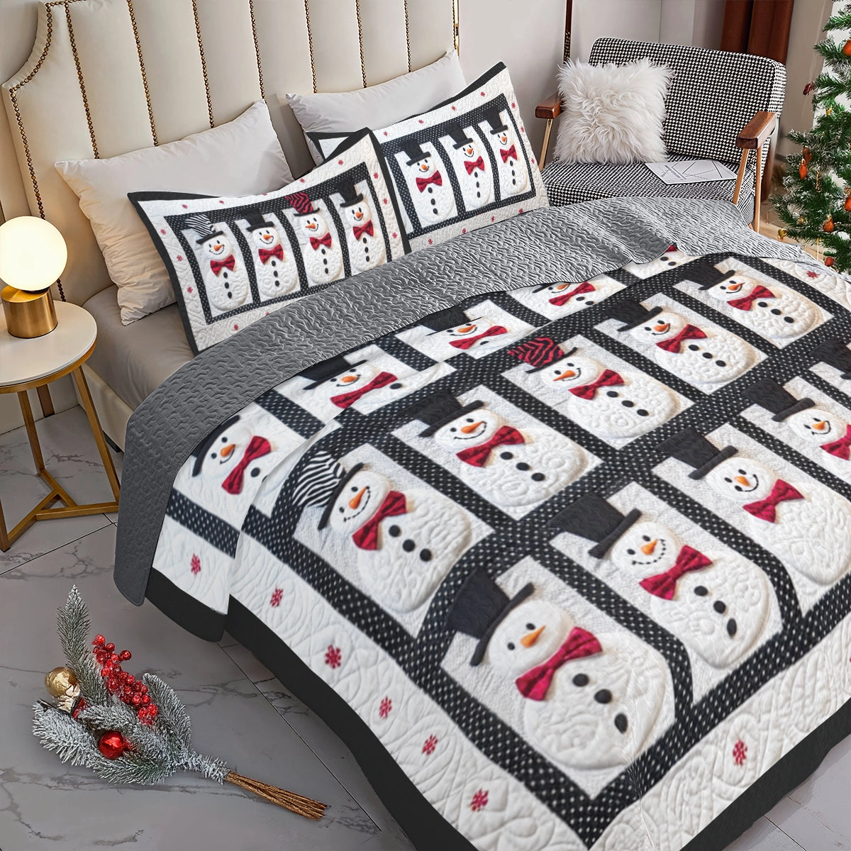 Shineful All Season Quilt 3-Piece Set Classic Top Hat Snowman