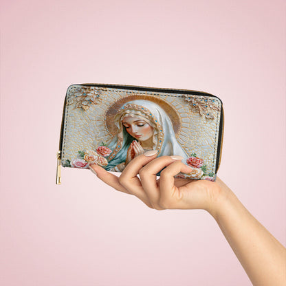 Shineful Leather Clutch Purse With Wristlet Strap Handle Graceful Serenity Virgin Mary