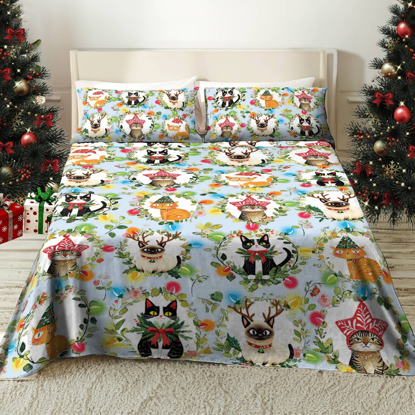 Shineful 4-Piece Bed Sheet Set Cat Christmas Collection