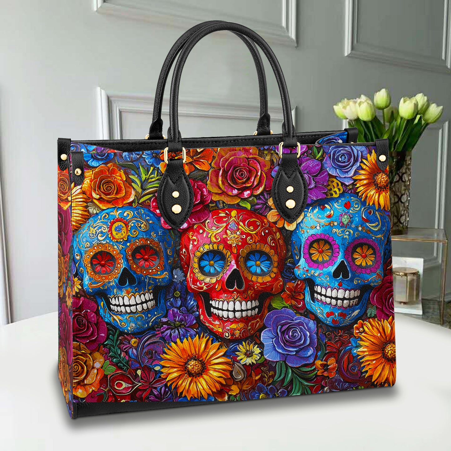 Sac en cuir brillant avec motif de crâne de sucre vibrant