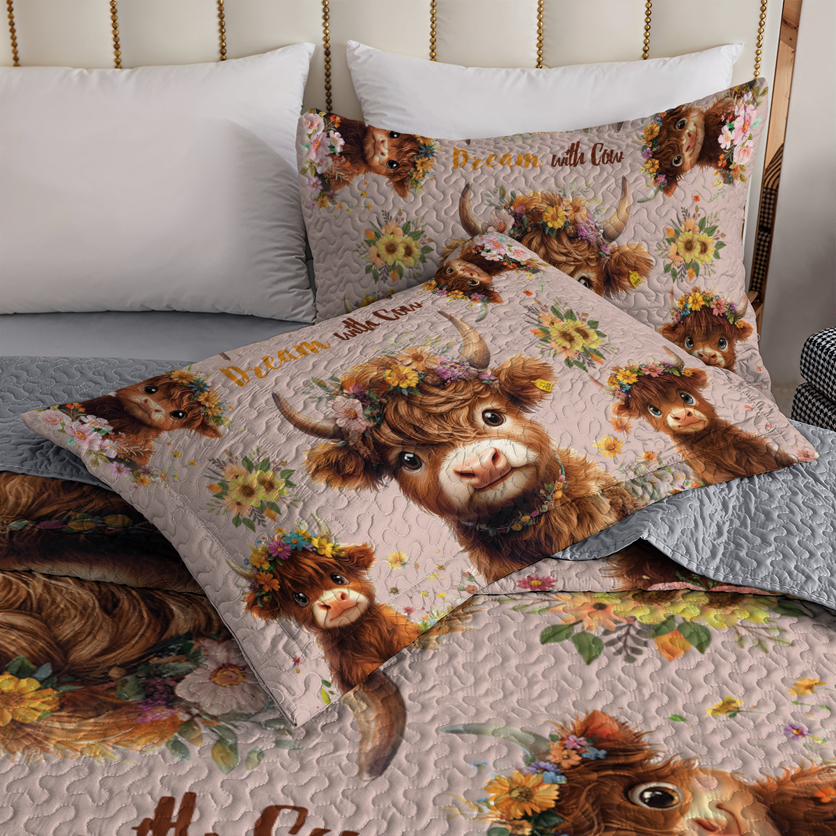 Shineful All Season Quilt 3-Piece Set - Highland Cow With Flowers