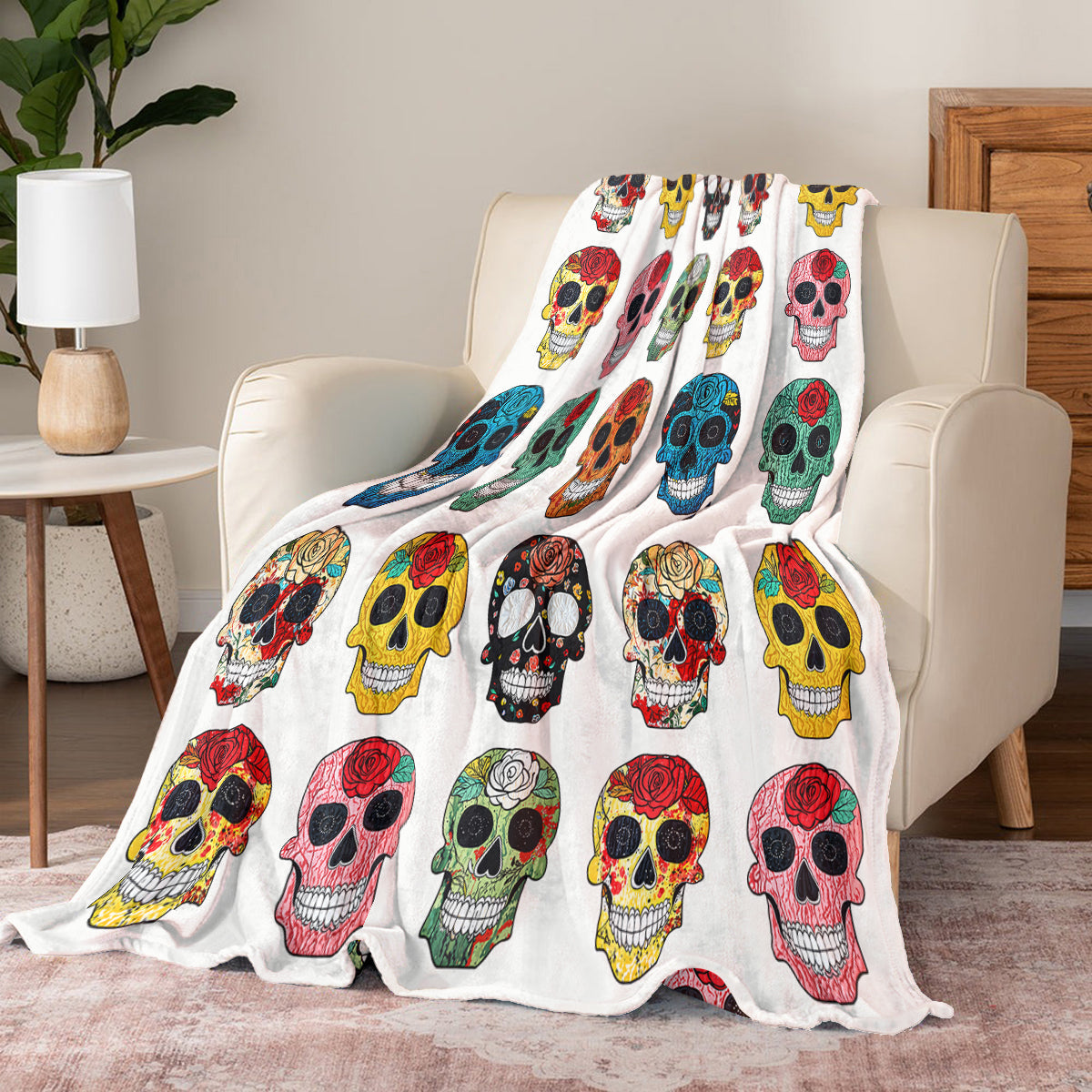 Glänzende Fleecedecke Bunte Sugar Skull Rosen