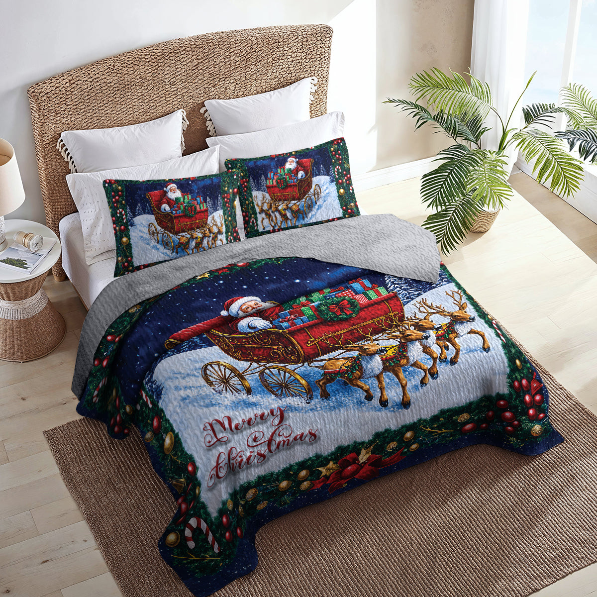 Shineful All Season Quilt 3-Piece Set - Santa's Sleigh Ride Christmas Quilt