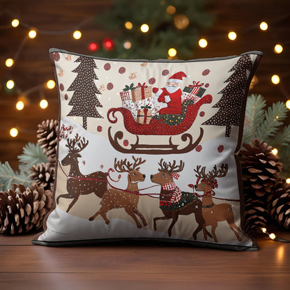 Shineful 2D Print Cushion Cover, Pillowcase, Pillows Covers - Cozy Santa Claus With Reindeer Pulling His Sleigh Full Of Gifts