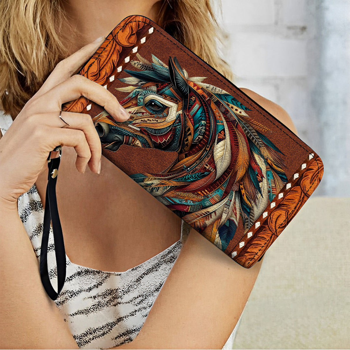 Shineful Leather Clutch Purse With Wristlet Strap Handle Tribal Horse Majesty