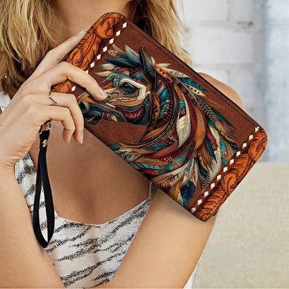 Shineful Leather Clutch Purse With Wristlet Strap Handle Tribal Horse Majesty