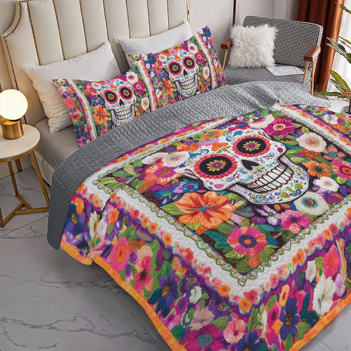 Shineful All Season Quilt 3-Piece Set Day of The Dead Bloom