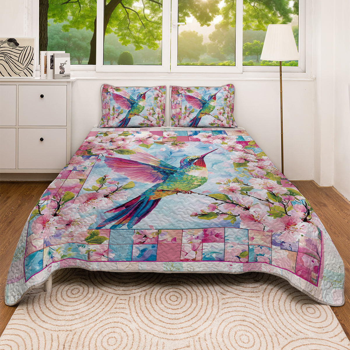 Shineful All Season Quilt 3-Piece Set Floral Colorful Hummingbird