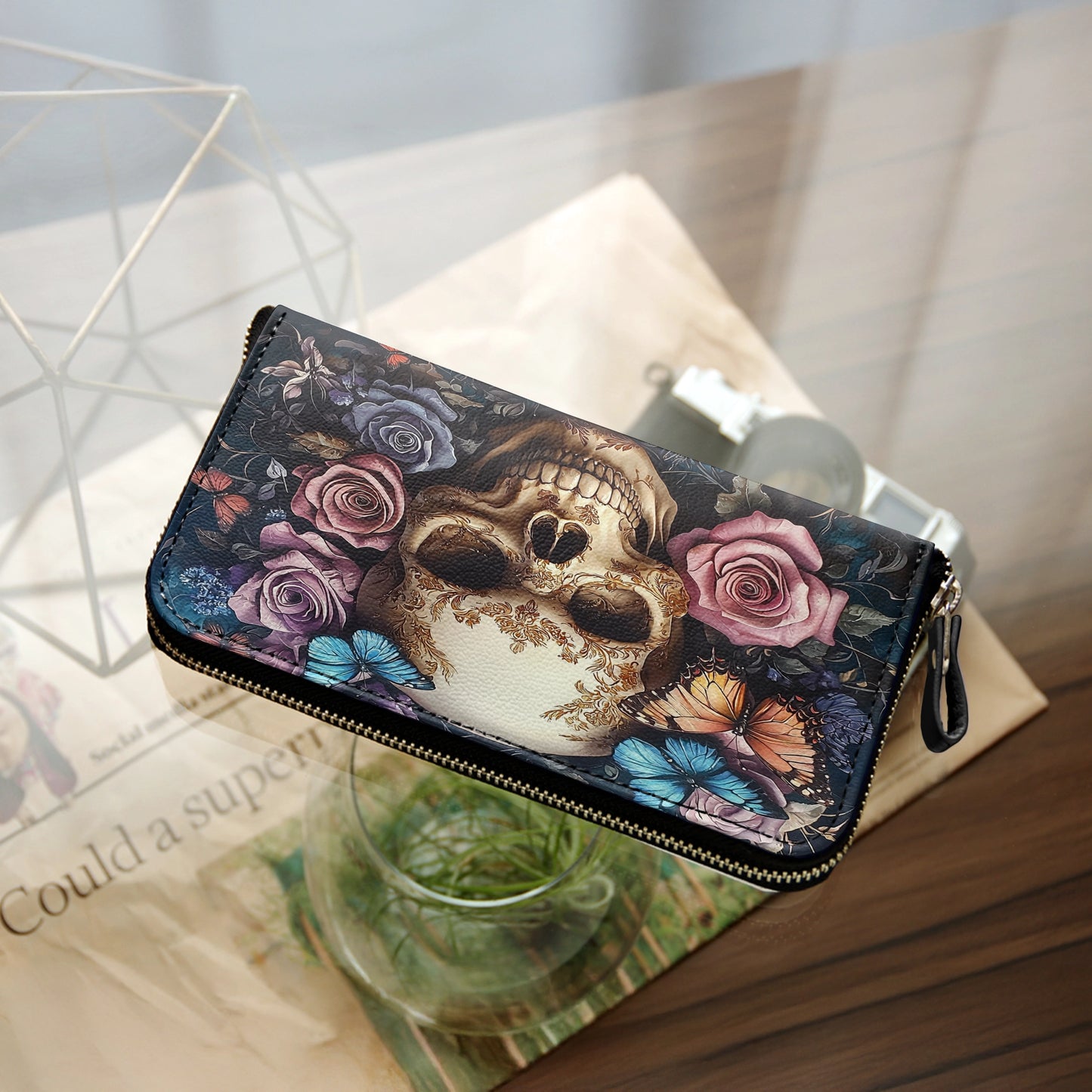 Shineful Leather Clutch Purse With Wristlet Strap Handle Skull Eternal Serenade