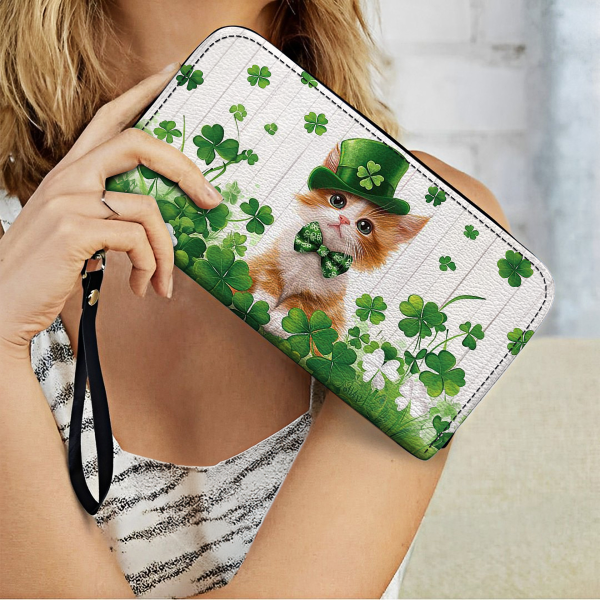 Shineful Leather Clutch Purse With Wristlet Strap Handle Clover Kitty