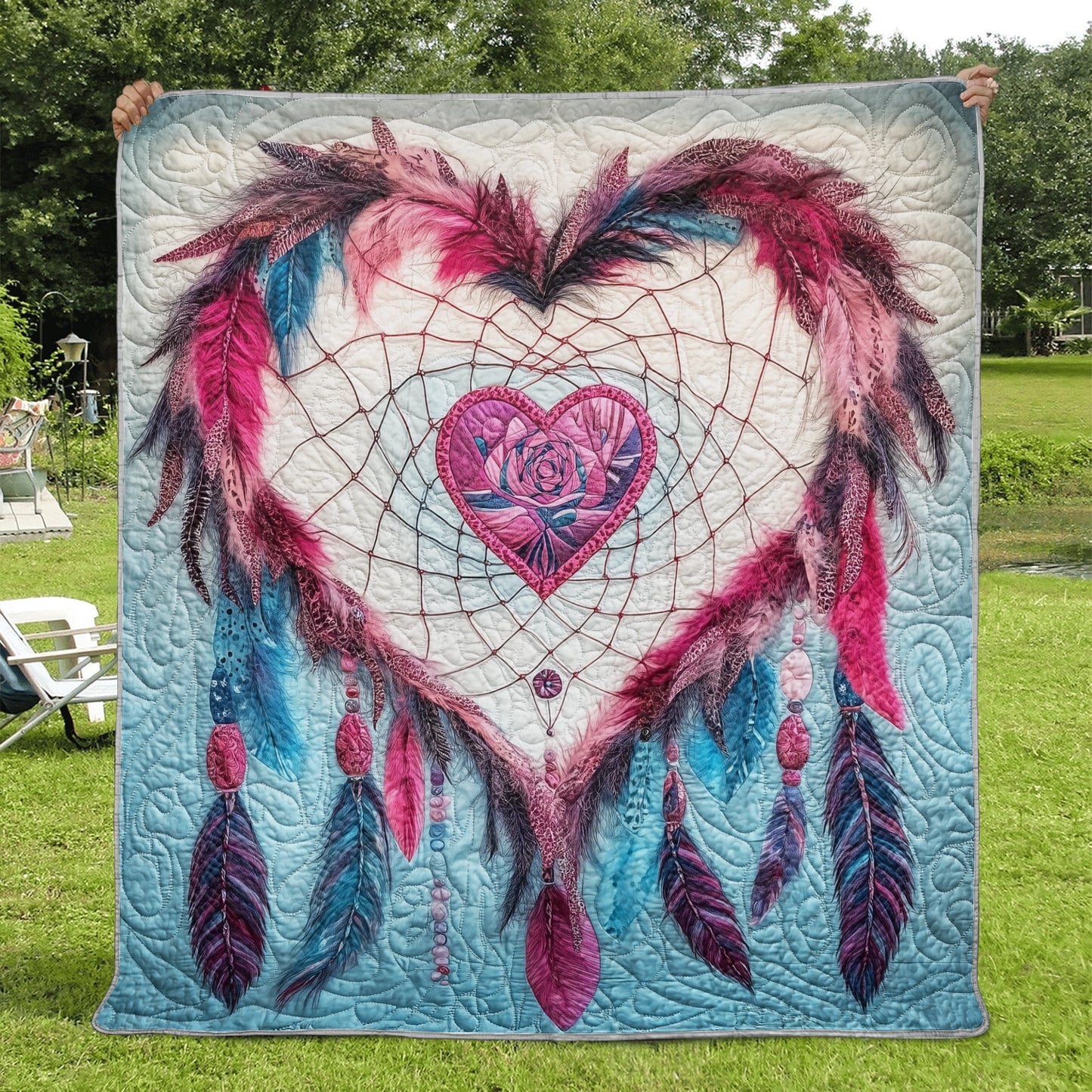 Shineful Flat Print Faux Quilt Blanket - Heartfelt Dreamcatcher of Feathers and Whimsy