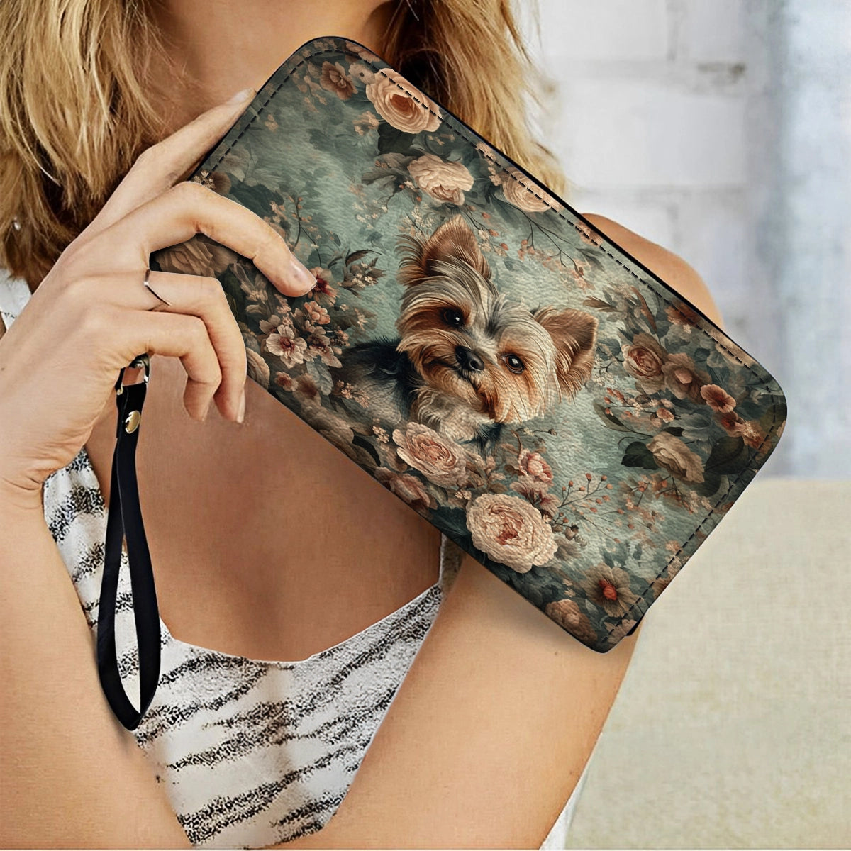 Shineful Leather Clutch Purse With Wristlet Strap Handle Yorkie Blossom Luxe