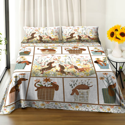 Shineful 4-Piece Bed Sheet Set Beautiful Flowers Dachshunds