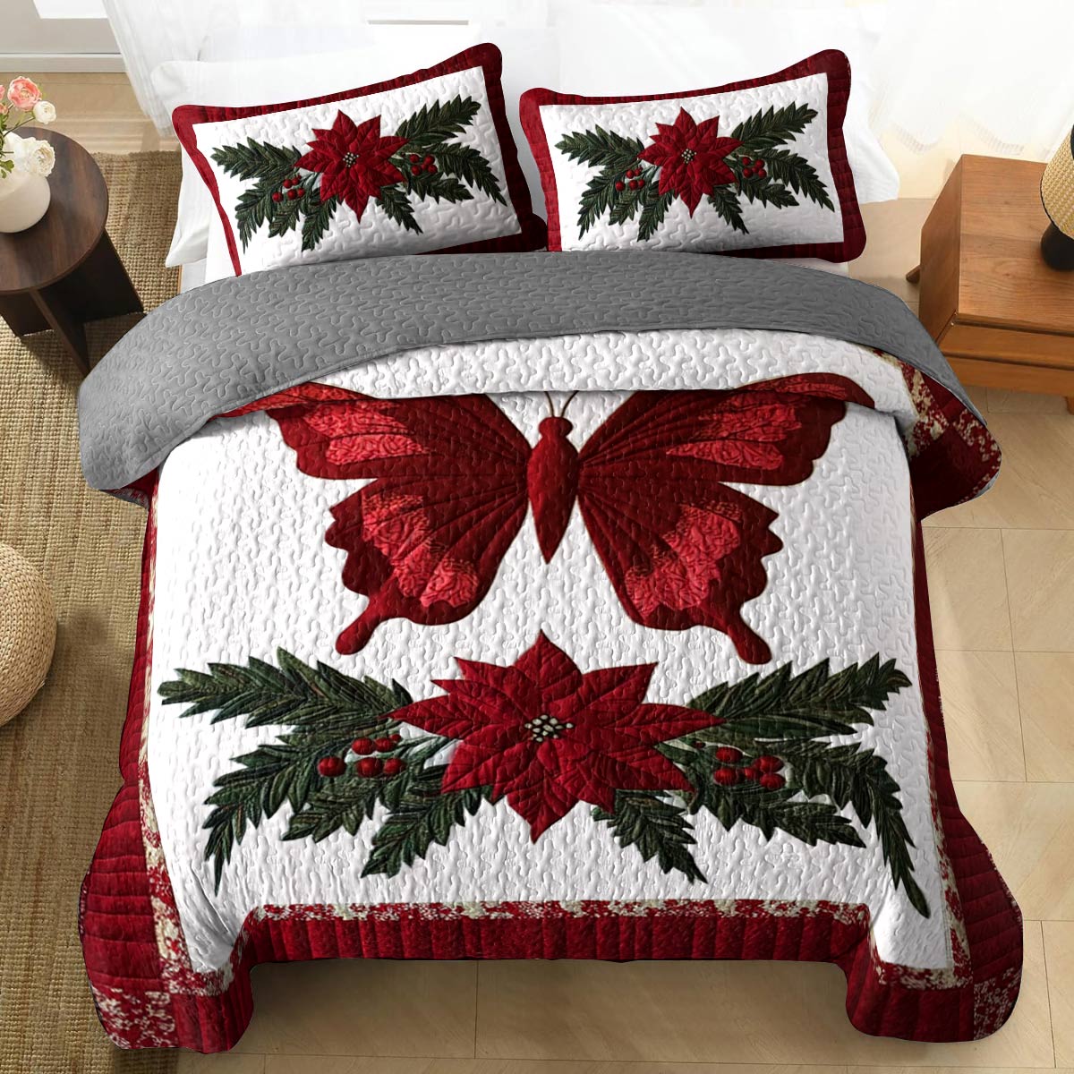 Shineful All Season Quilt 3-Piece Set Gentle Red Christmas Butterfly