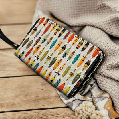 Glänzende Leder Clutch mit Trageriemen, Angel-Motiv, großer Fang