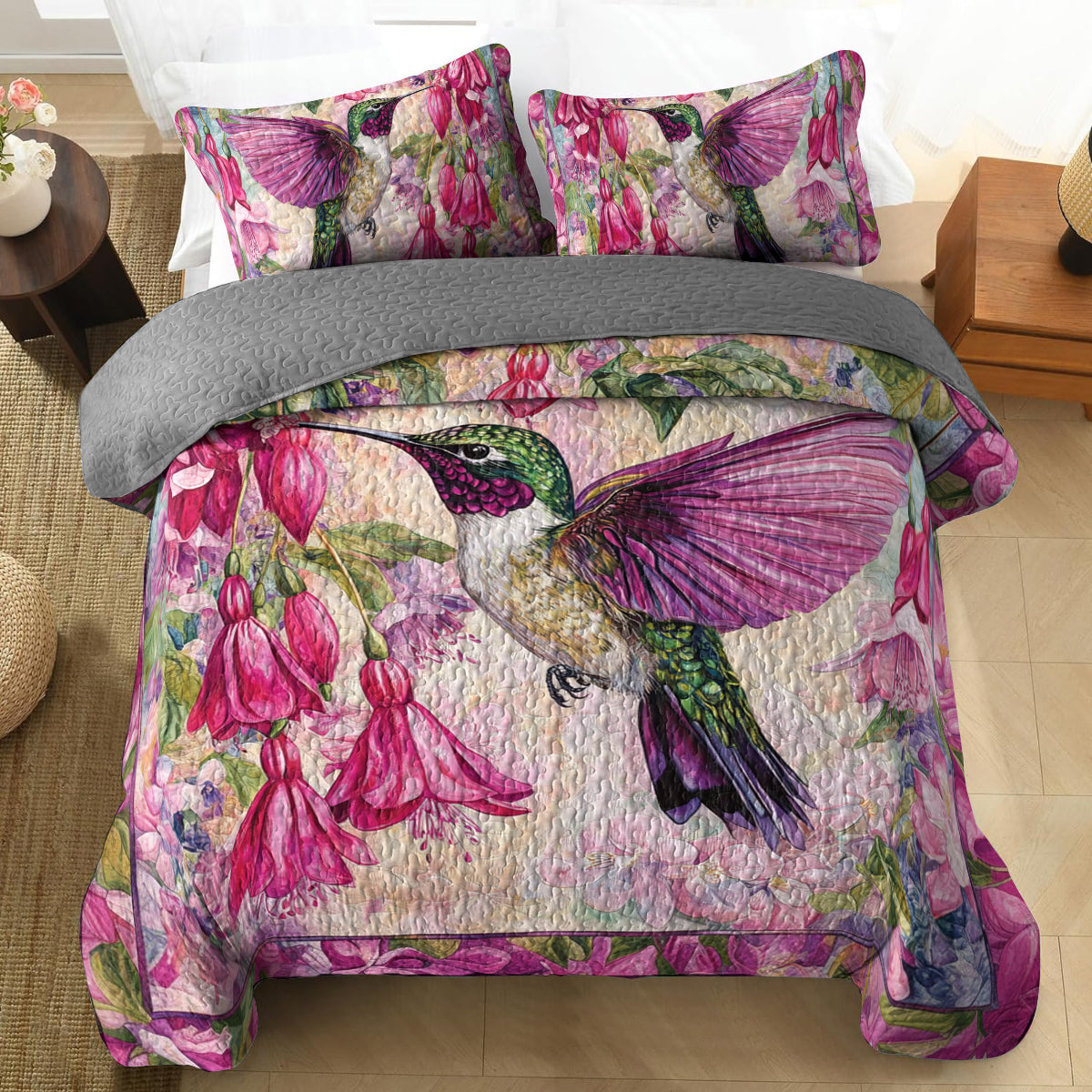 Shineful All Season Quilt 3-Piece Set Hummingbird Blossom