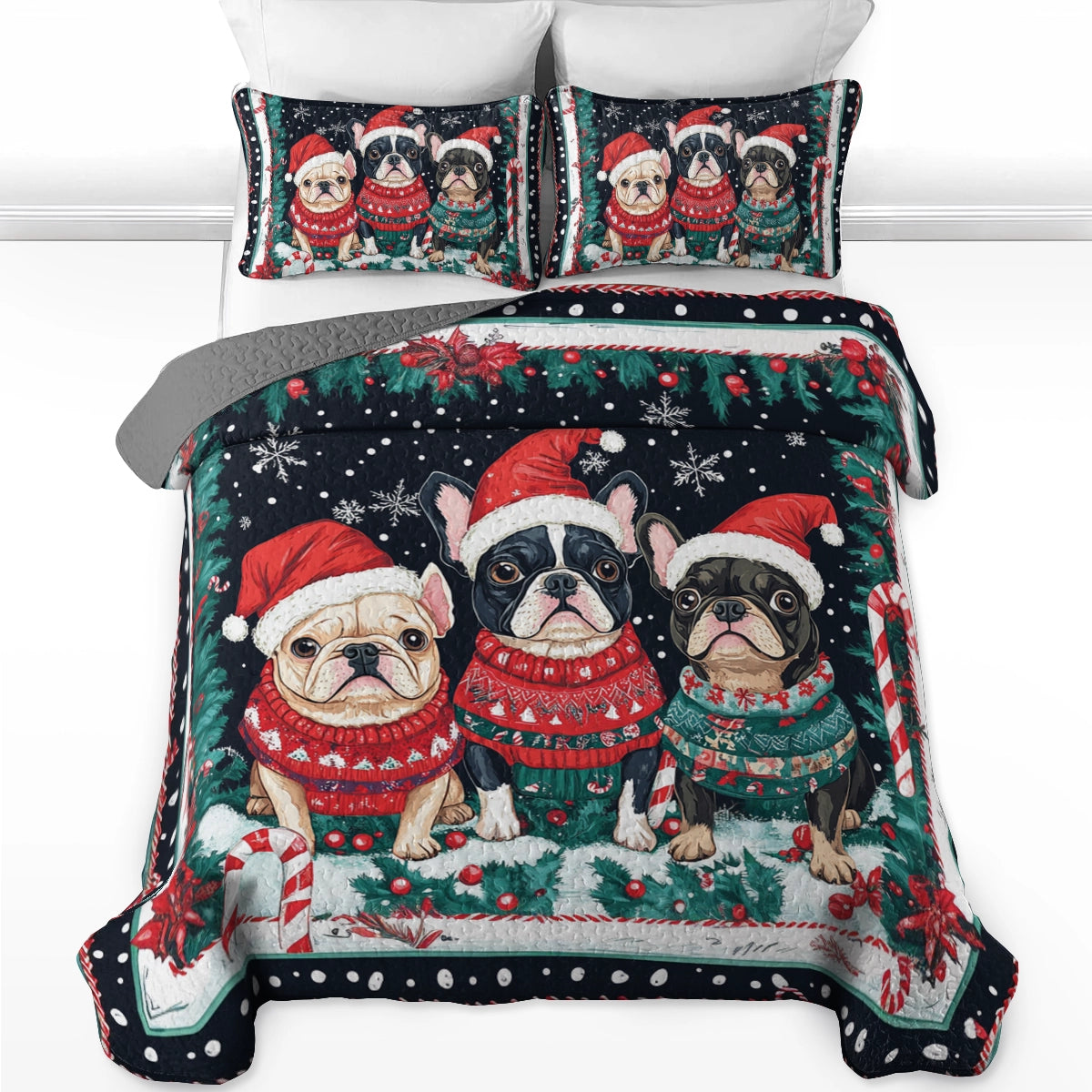 Shineful All Season Quilt 3-teiliges Set Französische Bulldogge Winter Wonderland