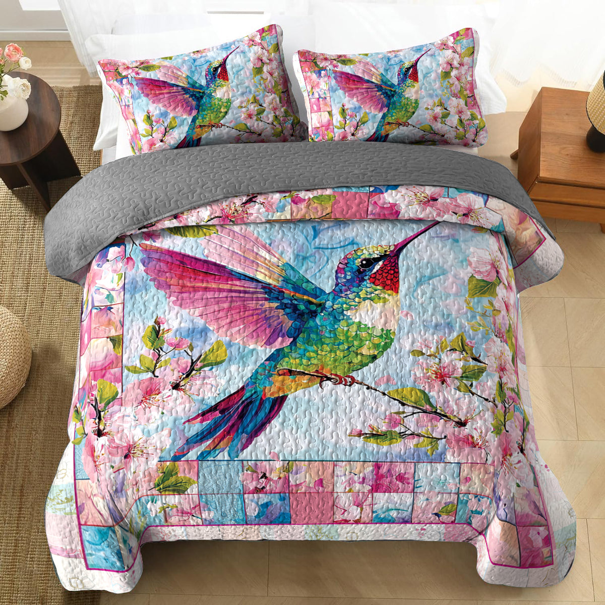 Shineful All Season Quilt 3-teiliges Set mit Blumenmuster und bunten Kolibri-Motiven