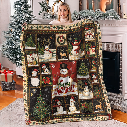 Glänzende Fleecedecke „Frohe Weihnachten mit Schneemann“