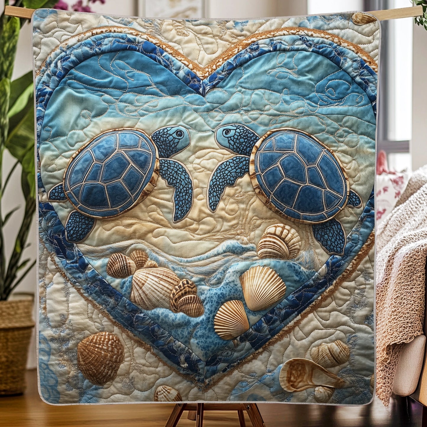 Shineful Flat Print Faux Quilt Blanket - Heartfelt Love with Two Sea Turtles and Seashells