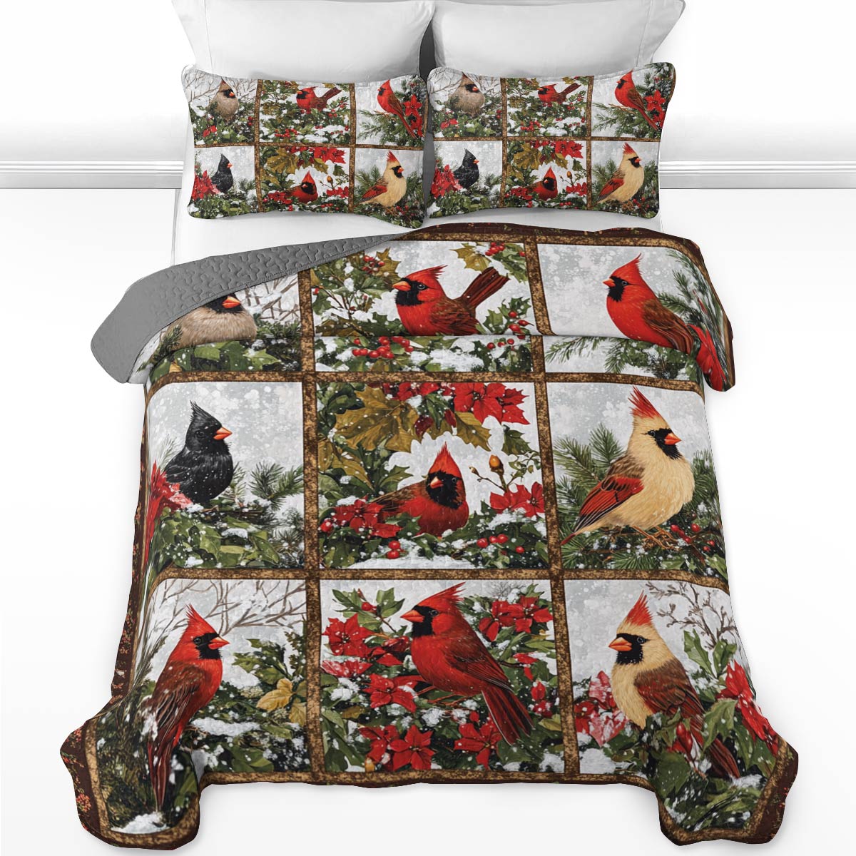 Shineful All Season Quilt 3-Piece Set Happy Christmas Cardinals Lovely