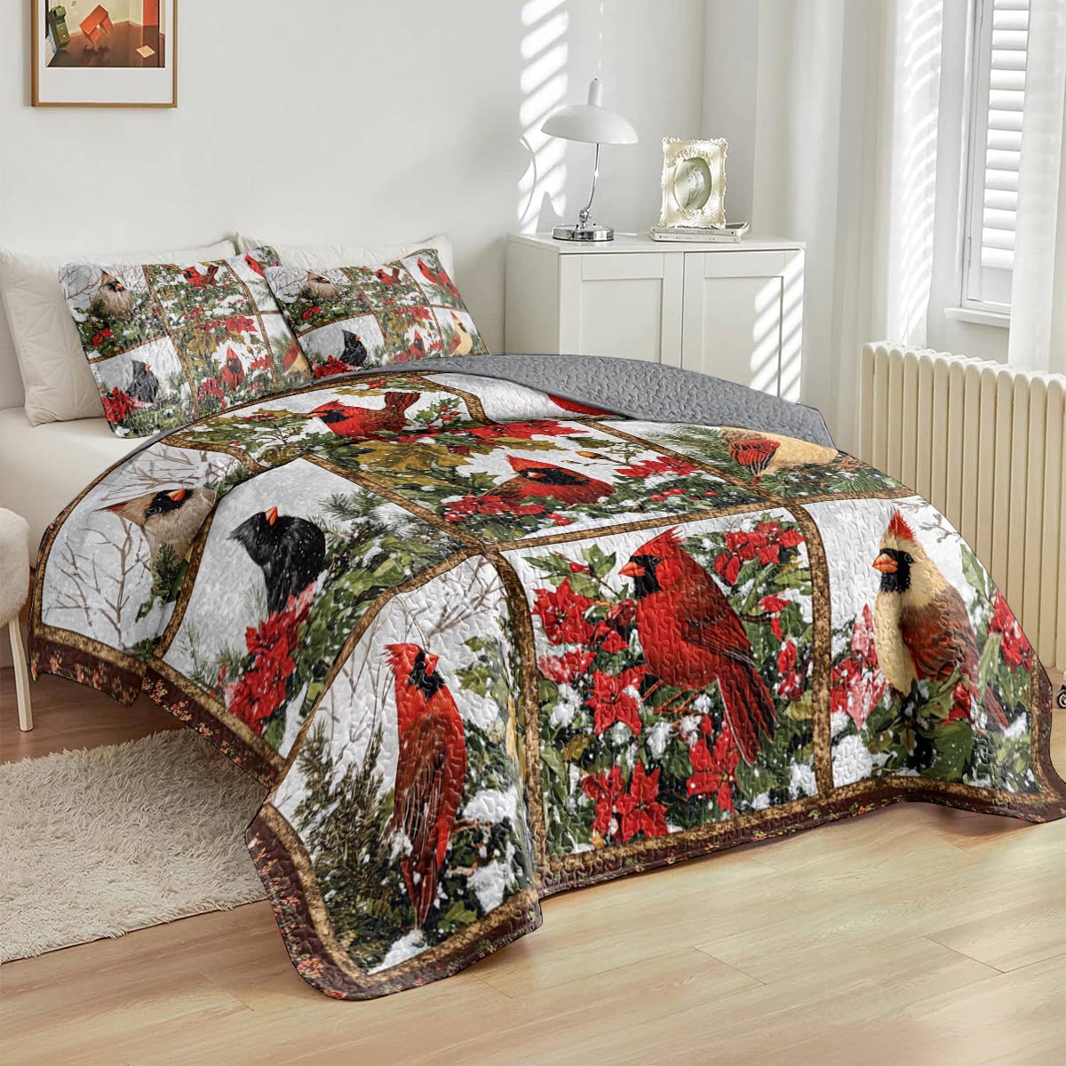 Shineful All Season Quilt 3-Piece Set Happy Christmas Cardinals Lovely