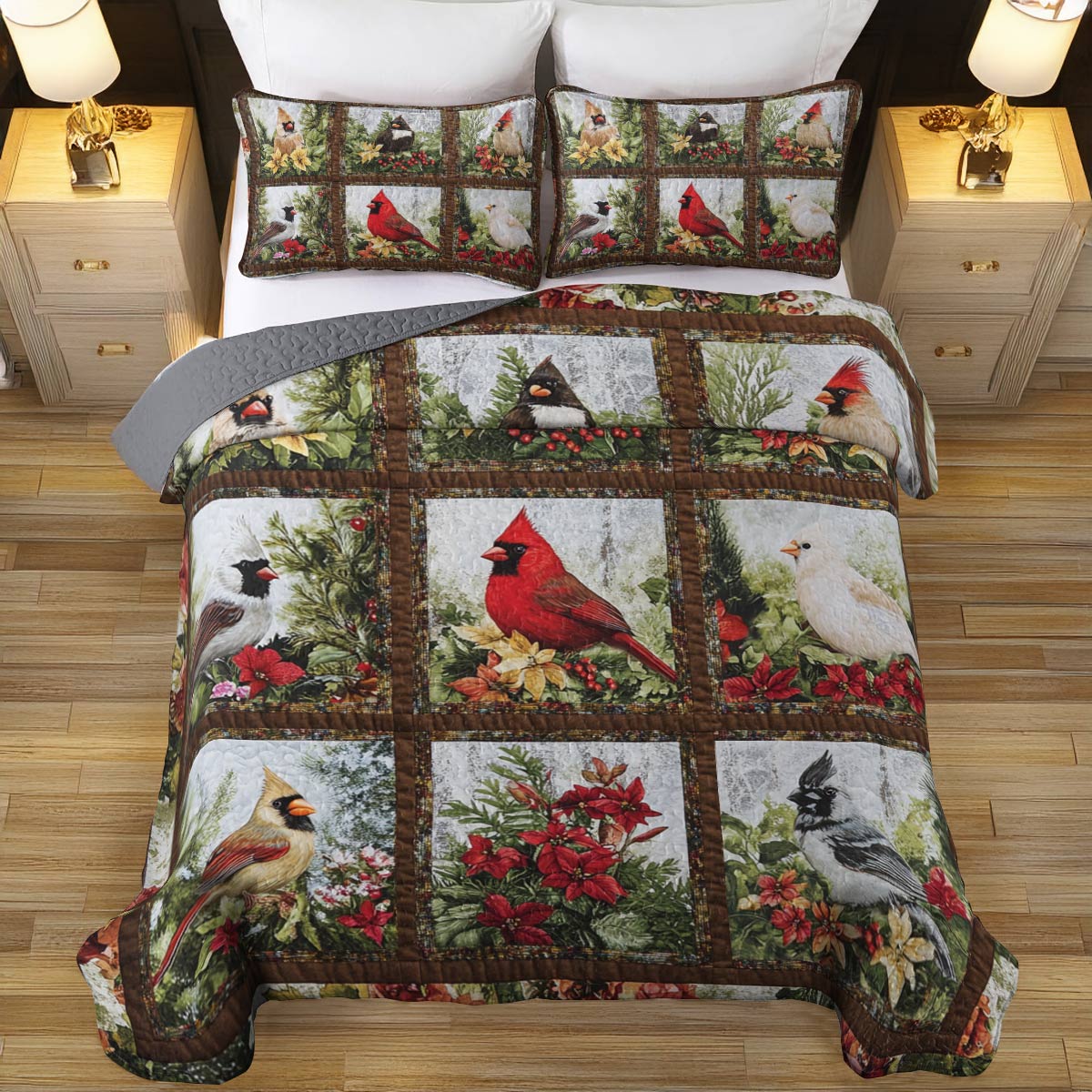 Shineful All Season Quilt 3-Piece Set Cardinals Old Vintage Cardinals Flowers Lovely