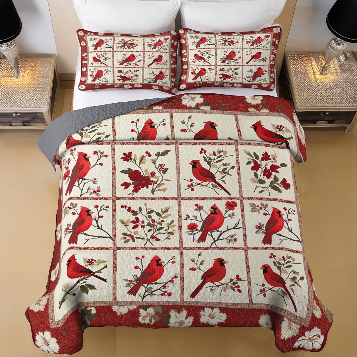 Shineful All Season Quilt 3-Piece Set Dazzling Cardinals Flowers