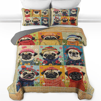 Shineful All Season Quilt 3-Piece Set Floral Pug Springtime